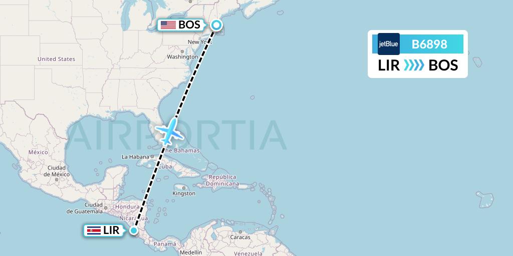 B6898 JetBlue Airways Flight Map: Liberia to Boston