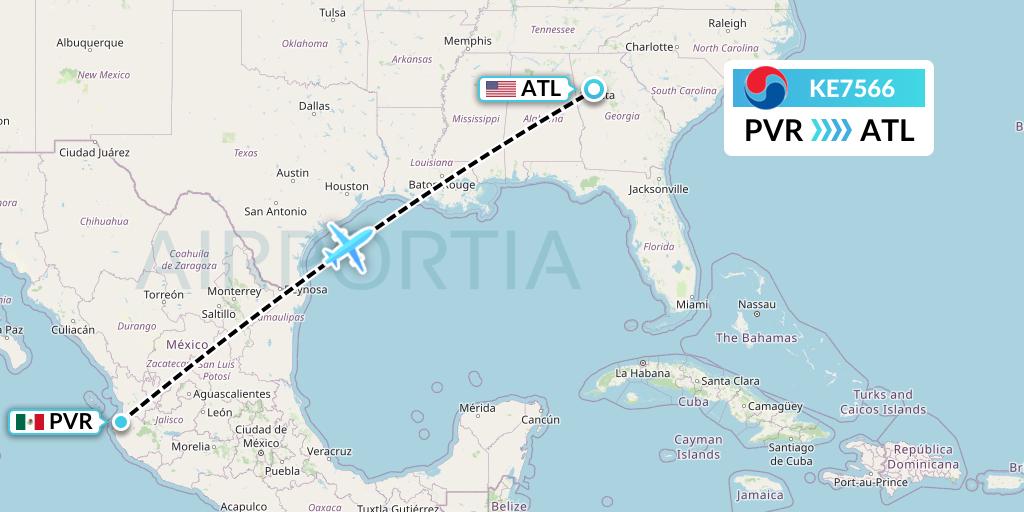 KE7566 Korean Air Flight Map: Puerto Vallarta to Atlanta