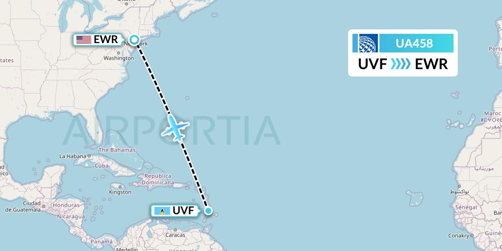 UA458 United Airlines Flight Map: Vieux Fort to New York