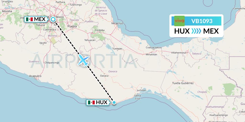 VB1093 VivaAerobus Flight Map: Huatulco to Mexico City