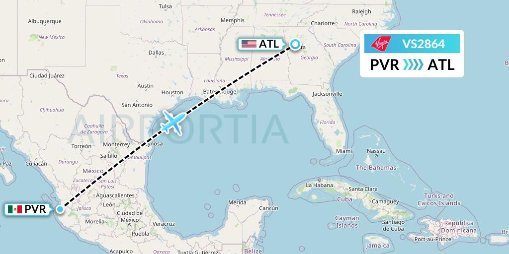 VS2864 Virgin Atlantic Airways Flight Map: Puerto Vallarta to Atlanta