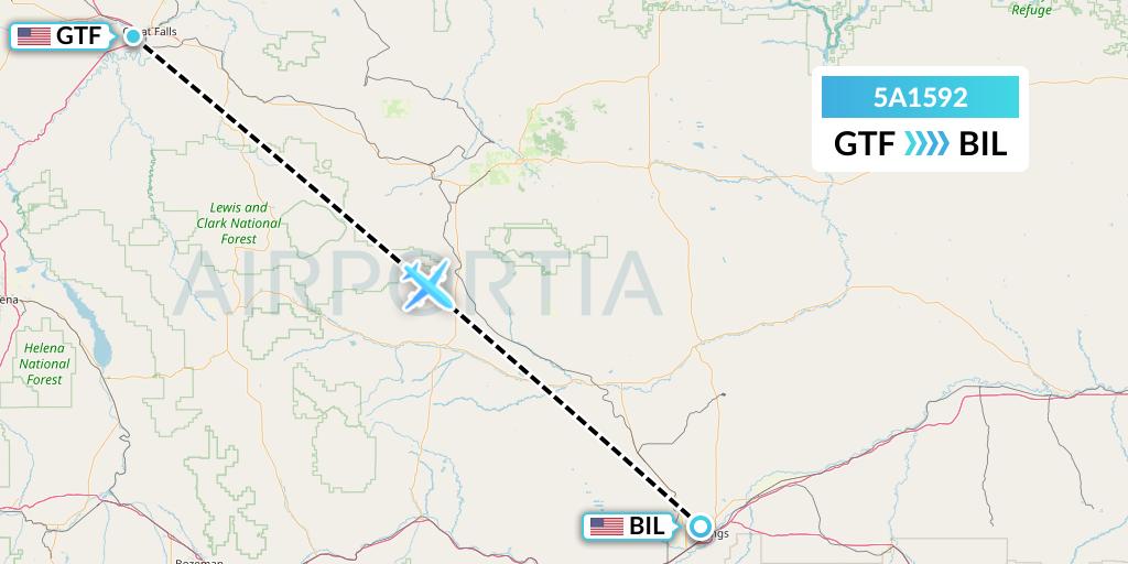 5A1592 Alpine Air Express Flight Map: Great Falls to Billings