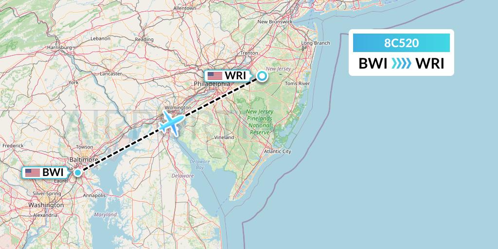 8C520 Air Transport International Flight Map: Baltimore to Wrightstown