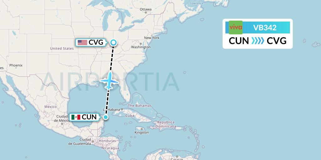VB342 VivaAerobus Flight Map: Cancun to Cincinnati
