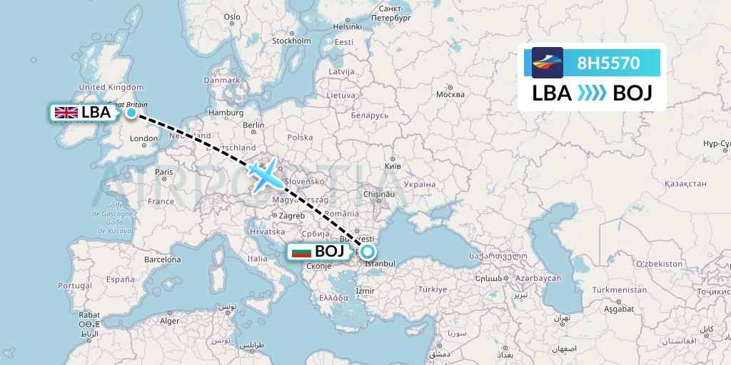 8H5570 BH Air Flight Map: Leeds to Burgas