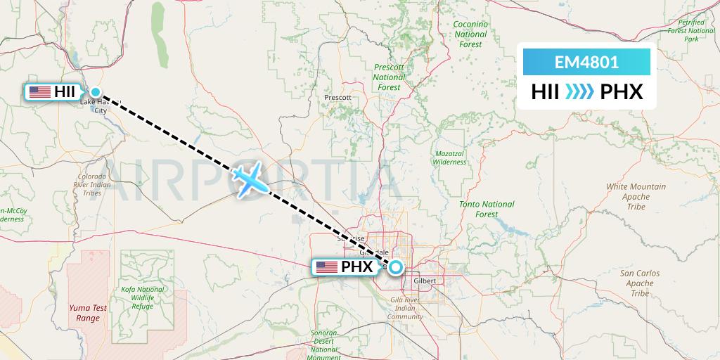 EM4801 Empire Airlines Flight Map: Lake Havasu City to Phoenix