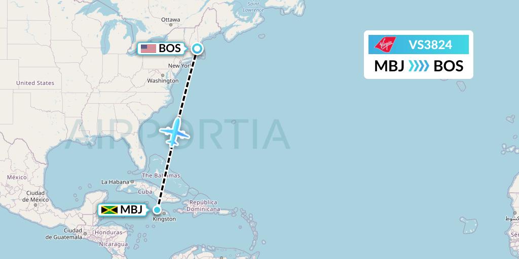 VS3824 Virgin Atlantic Airways Flight Map: Montego Bay to Boston