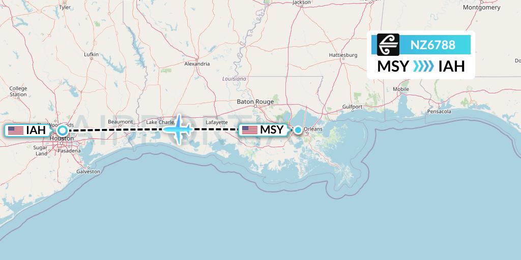 NZ6788 Air New Zealand Flight Map: New Orleans to Houston