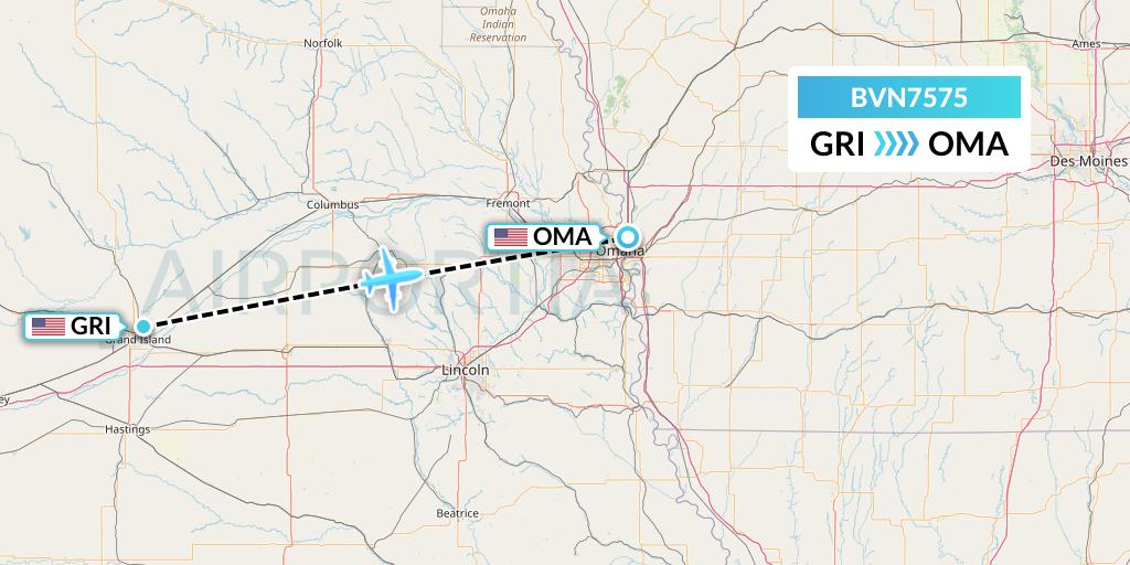 BVN7575 Baron Aviation Services Flight Map: Grand Island to Omaha