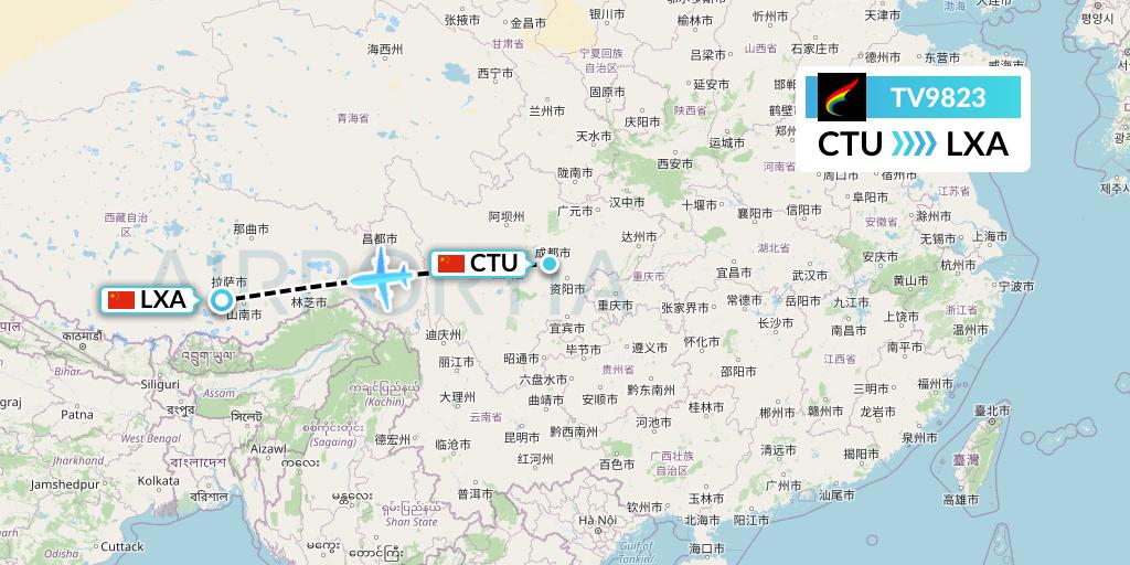 TV9823 Tibet Airlines Flight Map: Chengdu to Lhasa