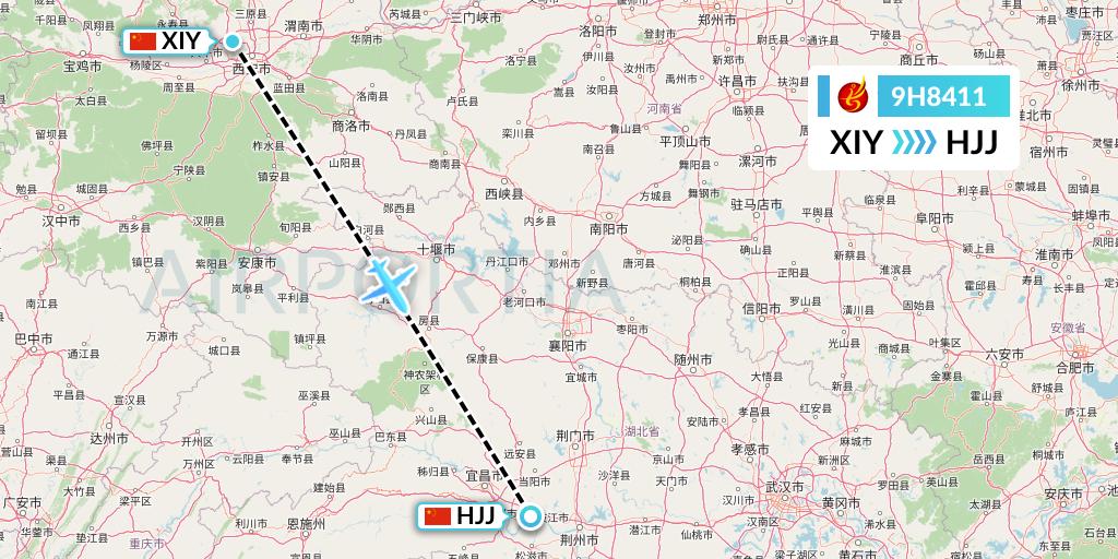 9H8411 Air Changan Flight Map: Xi'an to Huaihua