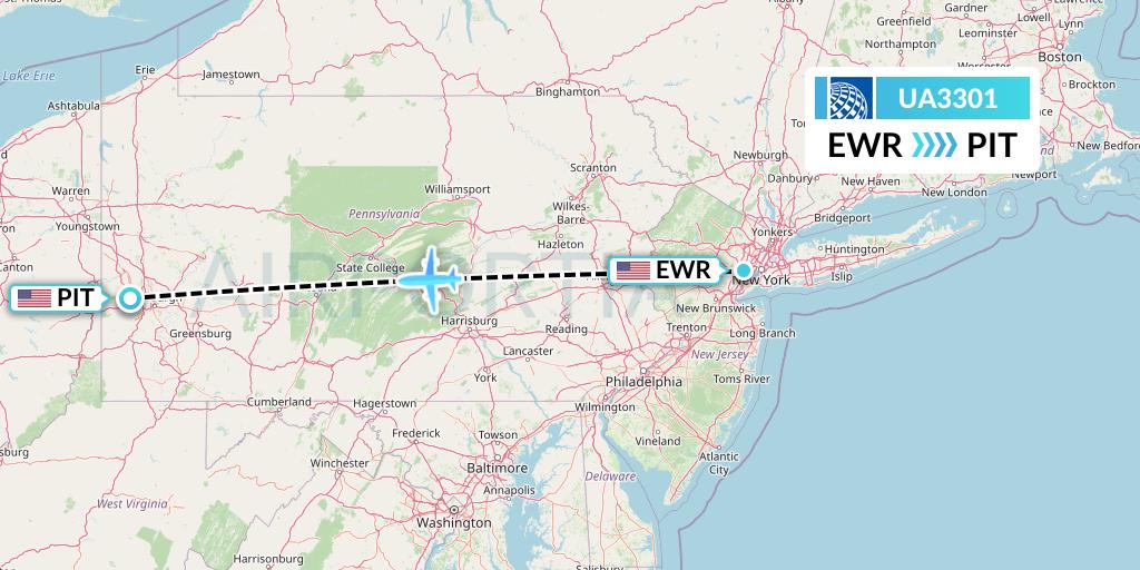 UA3301 United Airlines Flight Map: New York to Pittsburgh
