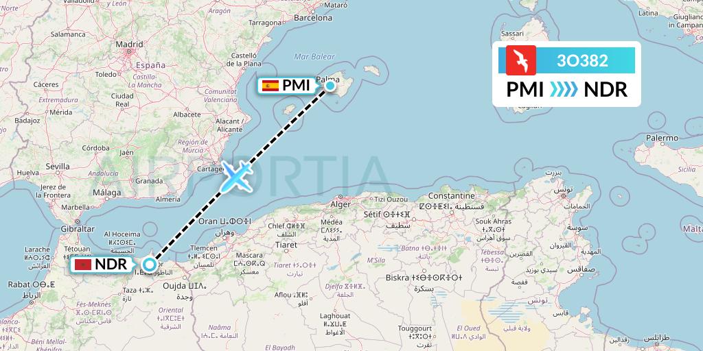 3O382 Air Arabia Maroc Flight Map: Palma de Mallorca to Nador