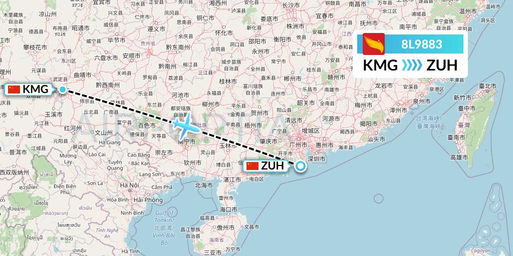 8L9883 Lucky Air Flight Map: Kunming to Zhuhai