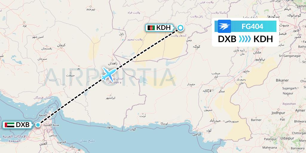 FG404 Ariana Afghan Airlines Flight Map: Dubai to Kandahar