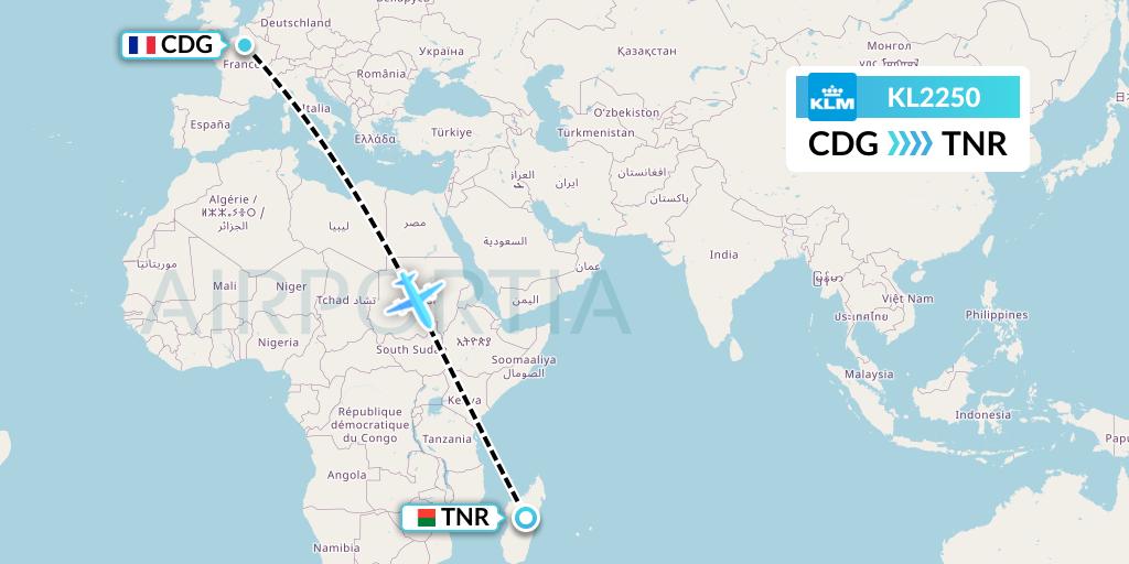 KL2250 KLM Flight Map: Paris to Antananarivo
