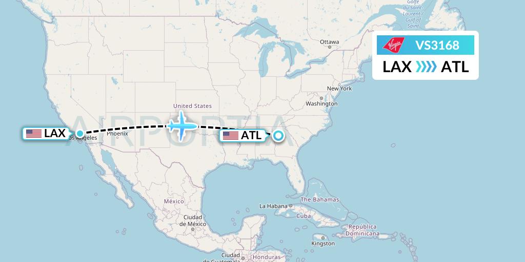 VS3168 Virgin Atlantic Airways Flight Map: Los Angeles to Atlanta