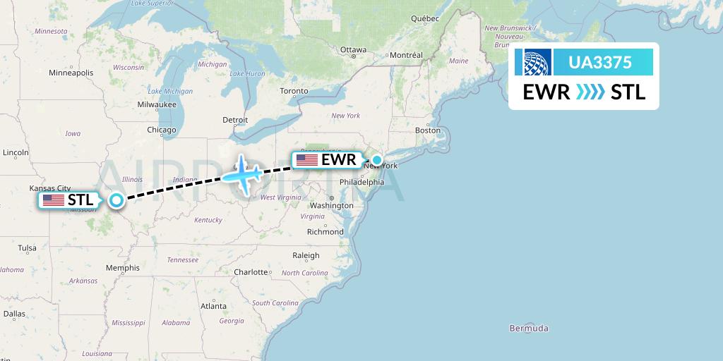 UA3375 United Airlines Flight Map: New York to St. Louis
