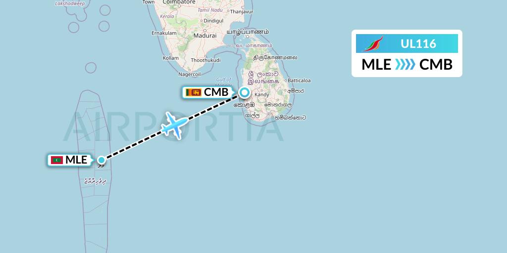 UL116 SriLankan Airlines Flight Map: Male to Colombo
