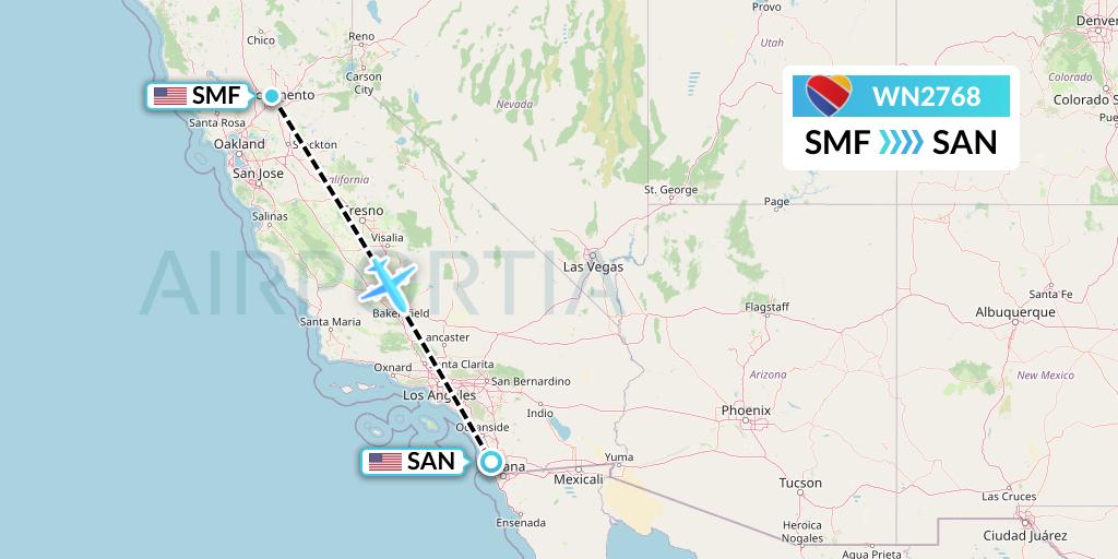 WN2768 Southwest Airlines Flight Map: Sacramento to San Diego