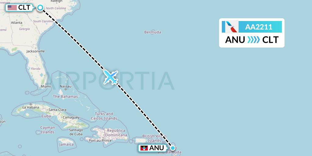 AA2211 American Airlines Flight Map: Antigua to Charlotte
