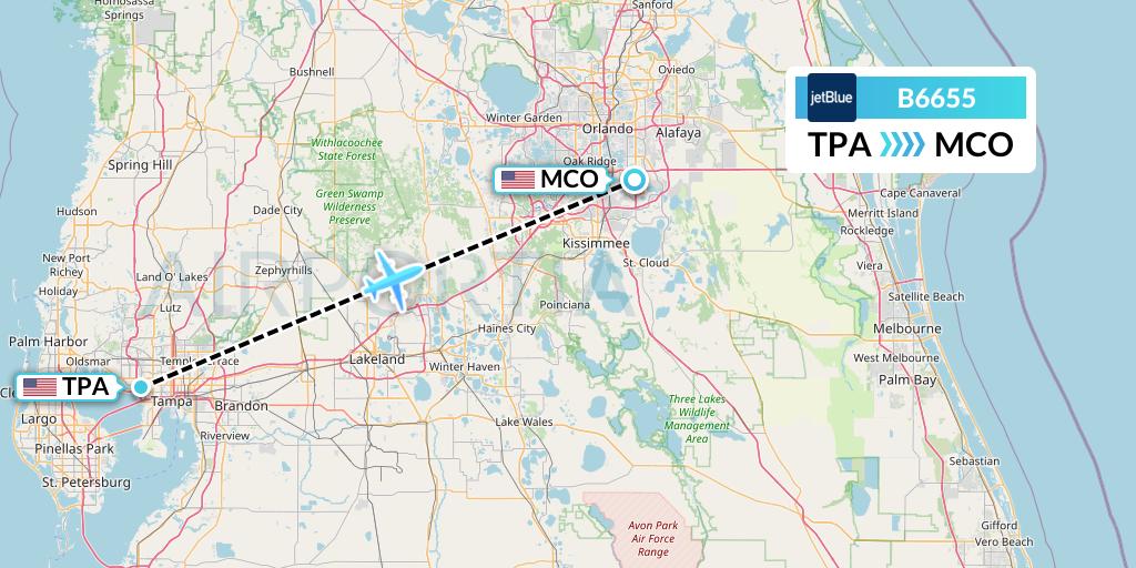 B6655 JetBlue Airways Flight Map: Tampa to Orlando