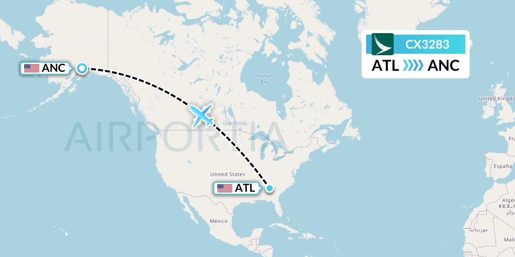 CX3283 Cathay Pacific Flight Map: Atlanta to Anchorage