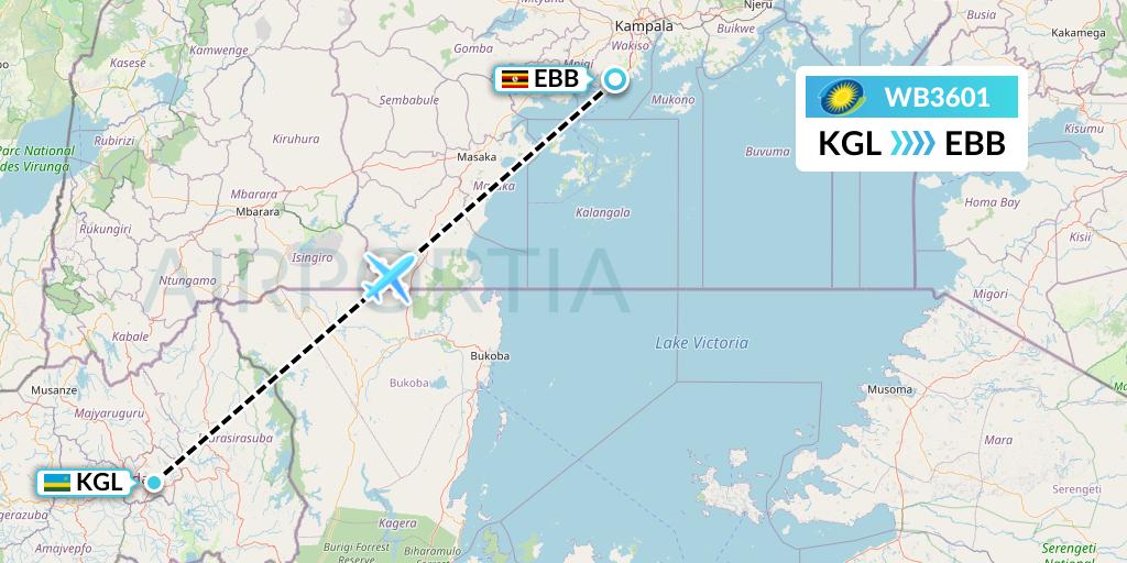 WB3601 RwandAir Flight Map: Kigali to Entebbe