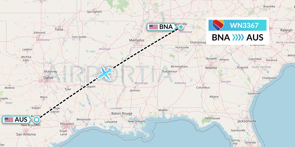 WN3367 Southwest Airlines Flight Map: Nashville to Austin