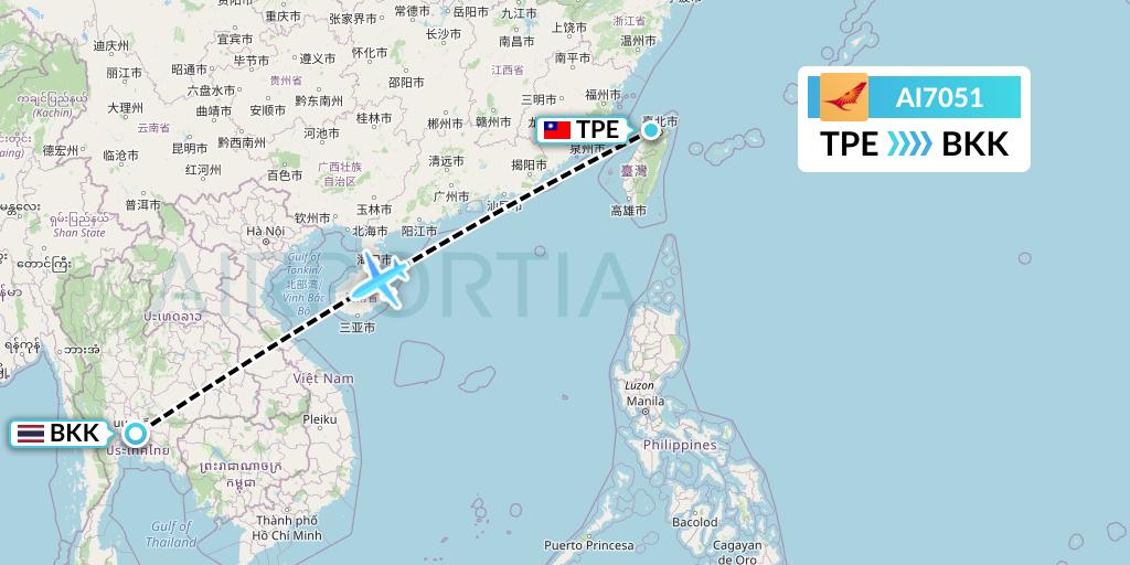 AI7051 Air India Flight Map: Taipei to Bangkok