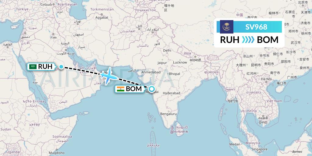 SV968 Saudi Arabian Airlines Flight Map: Riyadh to Mumbai