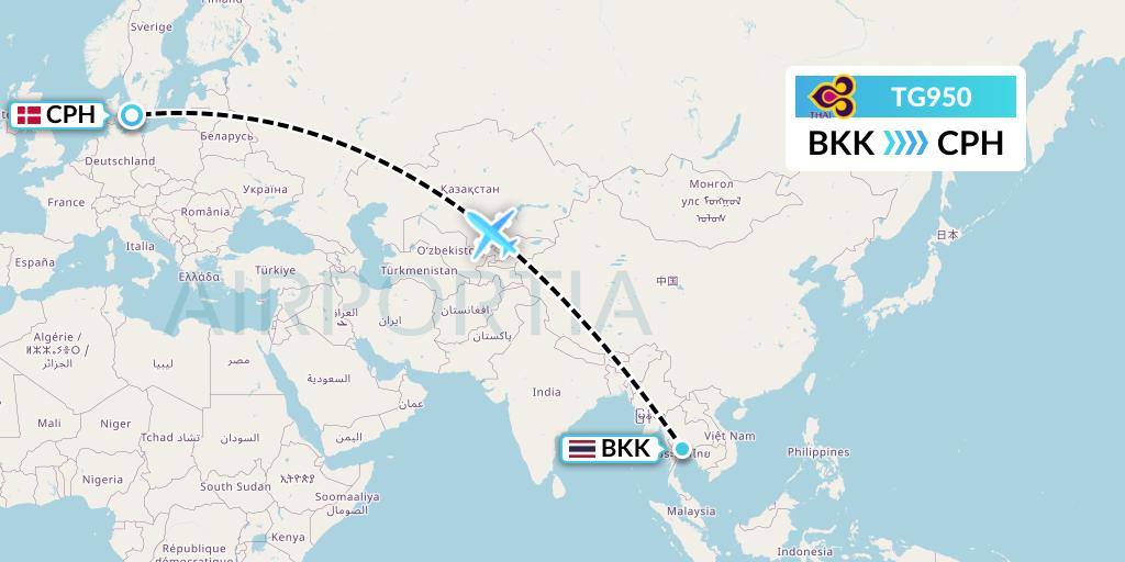 TG950 Thai Airways Flight Map: Bangkok to Copenhagen