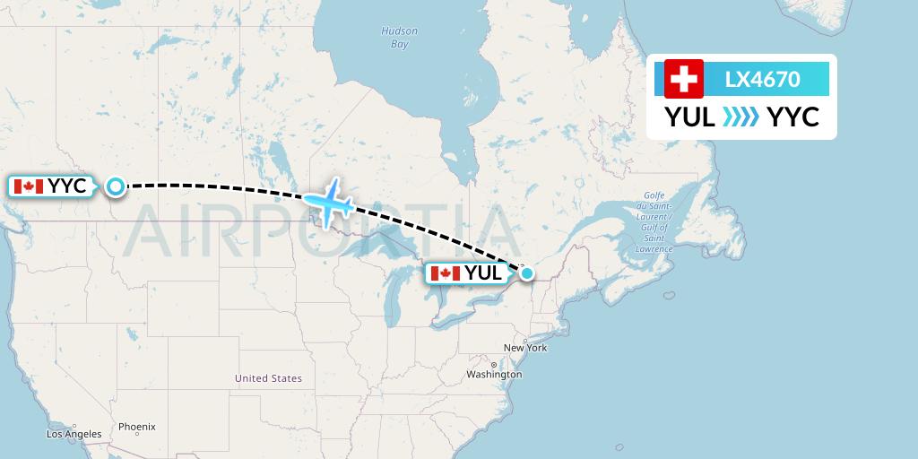 LX4670 Swiss Flight Map: Montreal to Calgary