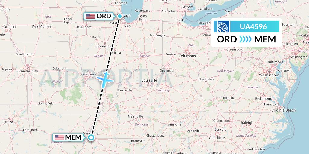UA4596 United Airlines Flight Map: Chicago to Memphis
