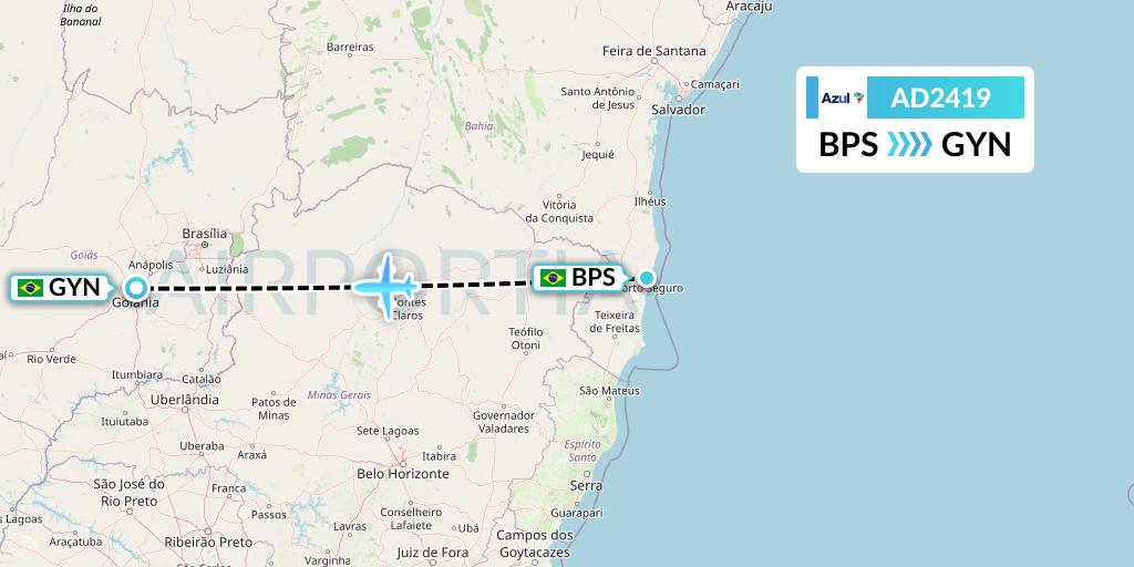 AD2419 Azul Brazilian Airlines Flight Map: Porto Seguro to Goiania