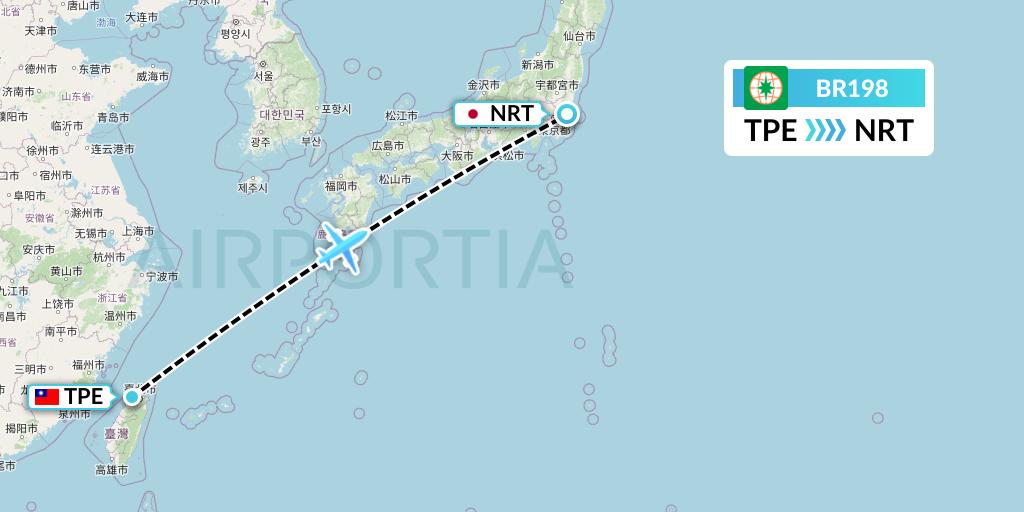 BR198 EVA Air Flight Map: Taipei to Tokyo