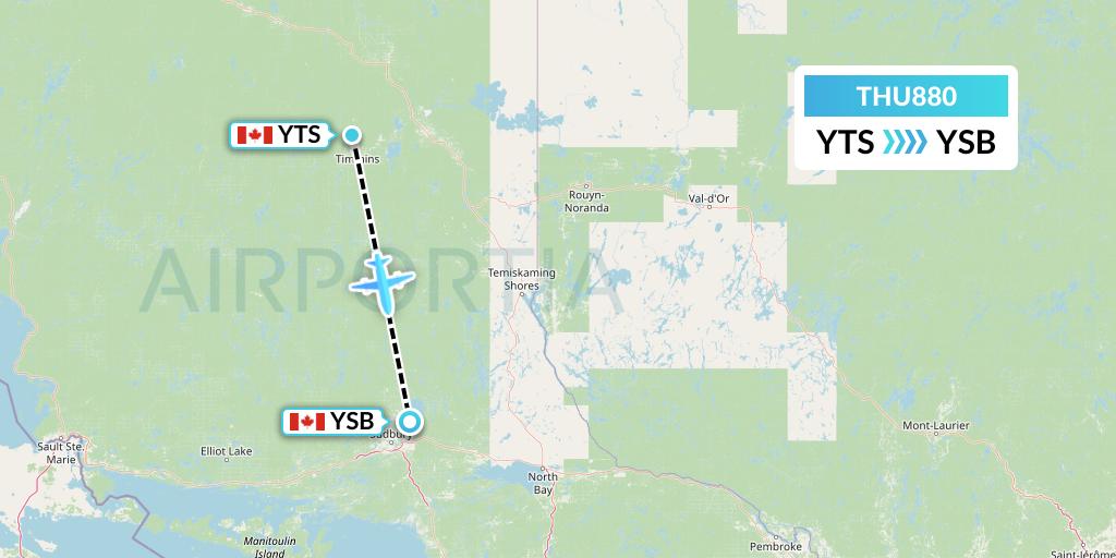 THU880 Thunder Airlines Flight Map: Timmins to Sudbury