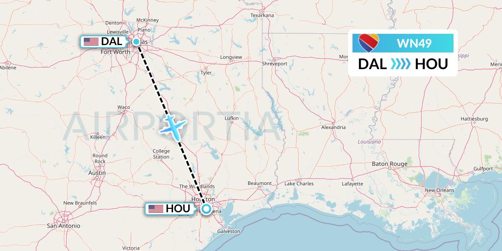 WN49 Southwest Airlines Flight Map: Dallas to Houston