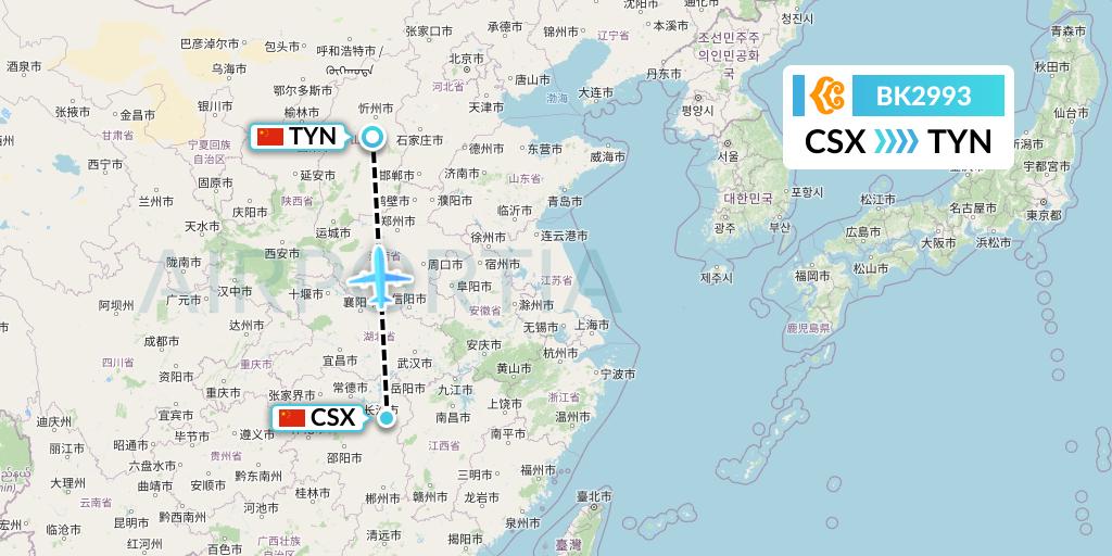 BK2993 Okay Airways Flight Map: Changsha to Taiyuan