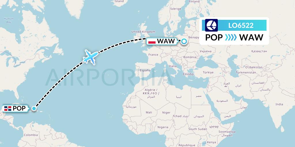 LO6522 LOT Flight Map: Puerto Plata to Warsaw