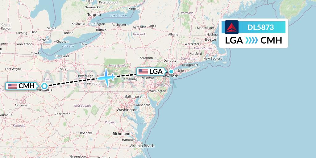 DL5873 Delta Air Lines Flight Map: New York to Columbus