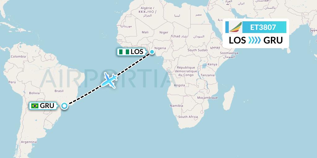 ET3807 Ethiopian Airlines Flight Map: Lagos to Sao Paulo