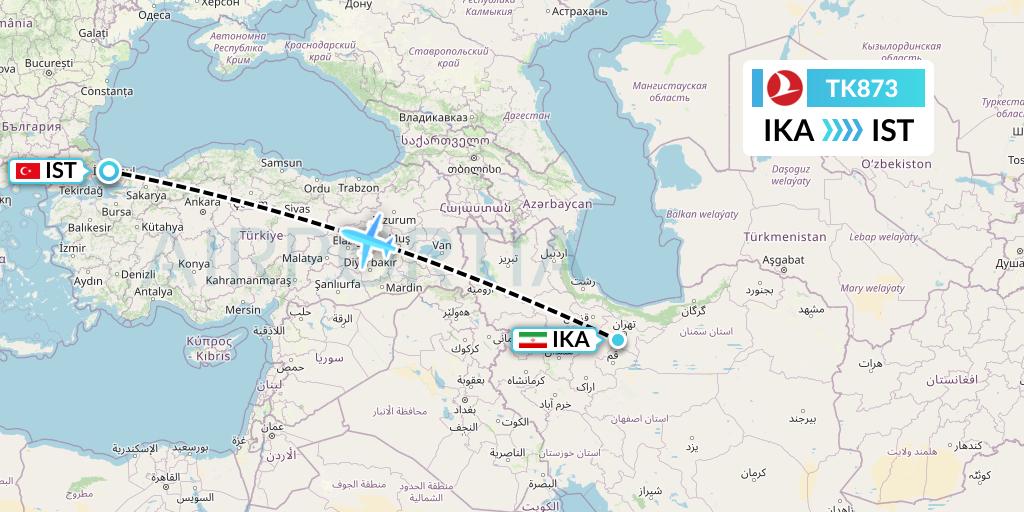 TK873 Turkish Airlines Flight Map: Tehran to Istanbul