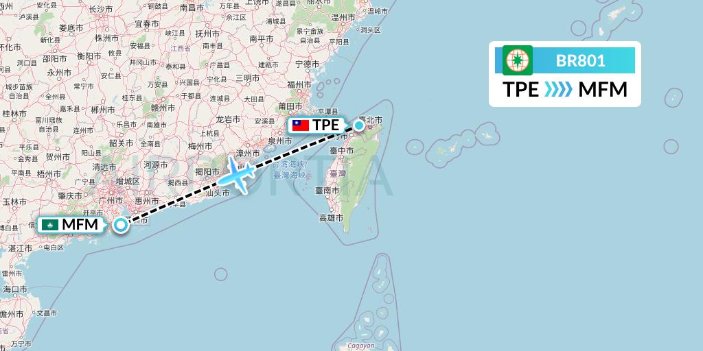 BR801 EVA Air Flight Map: Taipei to Macau