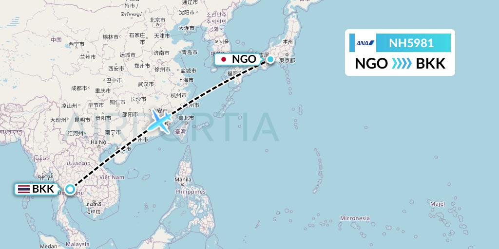 NH5981 All Nippon Airways Flight Map: Nagoya to Bangkok