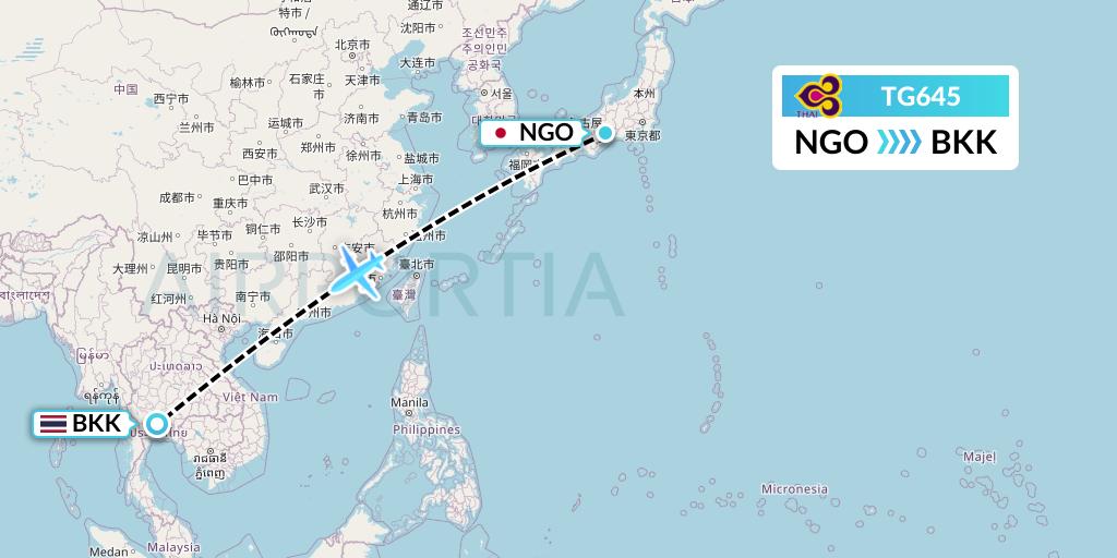 TG645 Thai Airways Flight Map: Nagoya to Bangkok