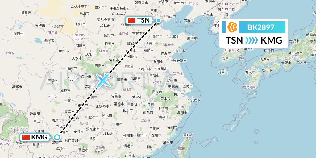 BK2897 Okay Airways Flight Map: Tianjin to Kunming