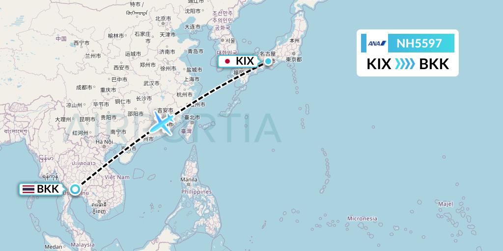 NH5597 All Nippon Airways Flight Map: Osaka to Bangkok