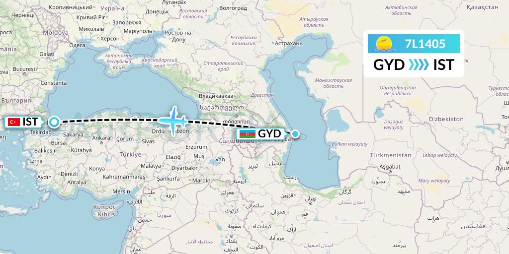 7L1405 Silk Way West Airlines Flight Map: Baku to Istanbul