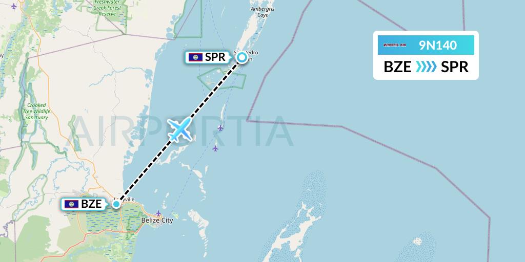 9N140 Tropic Air Flight Map: Belize City to San Pedro